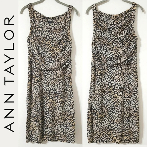ANN TAYLOR Sleeveless Square Neck Leopard Fitted Knee Length Dress, Ruched Sides - Picture 2 of 15